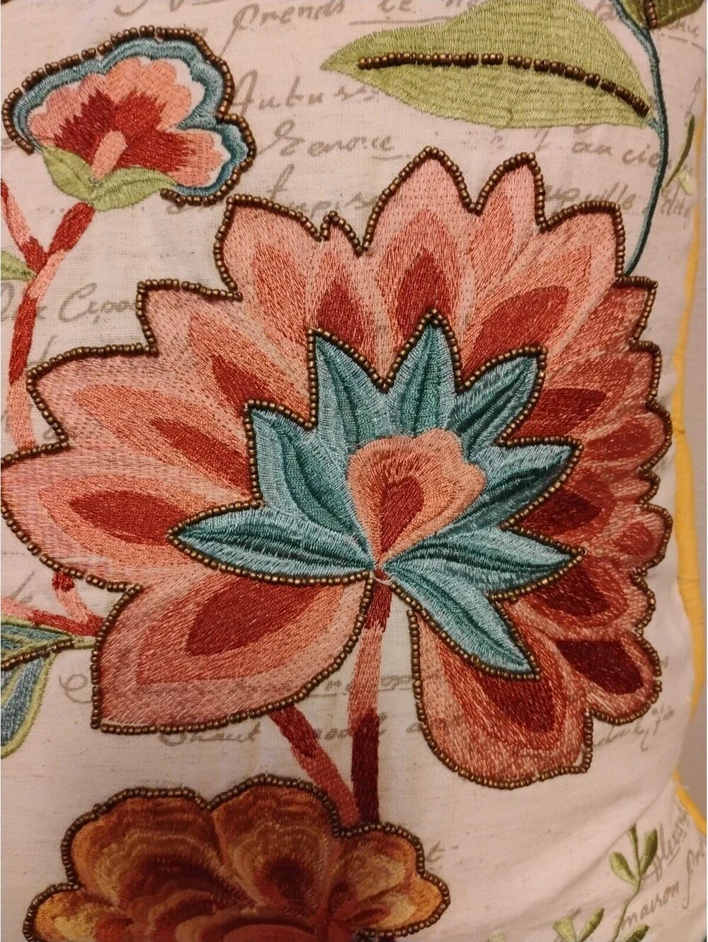 Pier 1 Beaded Embroidered Floral Throw Pillow Boho Cottagecore 17” Square Zip